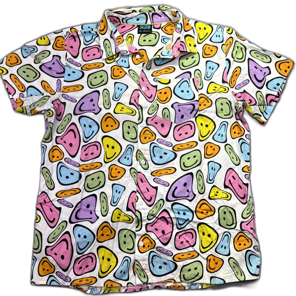 Vintage aLab Button Down Shirt XL Melting Smiley‎ Face Multicolor Hippy Trippy